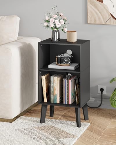 Record Player Stand with Charging Station - Mid Century Tall Nightstand