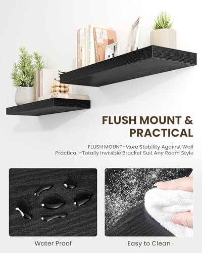 Black 55-inch Floating Wall Shelves Set of 2 with Invisible Brackets - Rustic Wood