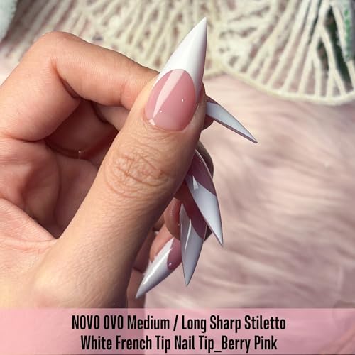 Medium/Long White French Tip Sharp Stiletto Nail Tips Berry Pink 160 Pcs