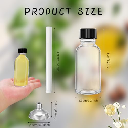 50 Pcs 1 oz Clear Glass Bottles with Black Caps & Funnels for Essential Oils & Samples