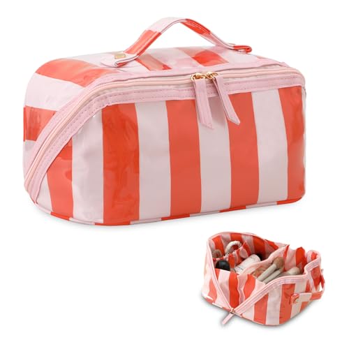 Travel Makeup Bag Pink-Orange Striped Waterproof Cosmetic Organizer