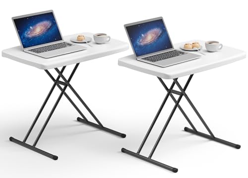 White Granite 30 Inch Folding Table Set of 2 - Adjustable Height, Heavy Duty Utility Tables for Small Spaces, Camp, Dining, Laptop, No Assembly