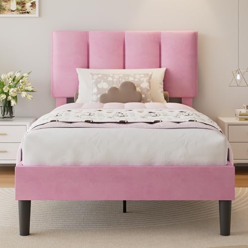VECELO Twin Size Platform Bed Frame with Upholstered Pink Velvet Headboard - Easy Assembly