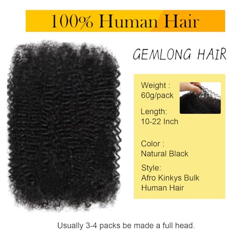 Gemlong Afro Kinky Human Hair Extensions 14 Inch 60g Pack for Micro Locs & Braids