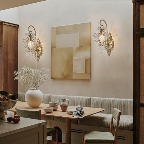 Plug-In Vintage Gold Crystal Wall Sconces Set of 2 – Fetason (2 Pack)