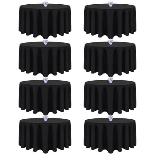 Black Round Tablecloth 120 Inch for 48-96 Inch Tables - 8 Pack, Reusable