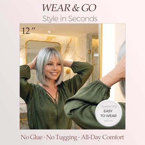 Grey Short Straight Synthetic Wigs for Women - 12 Inch Bob, Glueless, Heat-Resistant, Natural Look - Variation: Grey