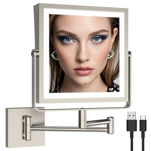 Ruacq Rechargeable Wall Mounted Makeup Mirror with Lights, Double Sided 1X/7X Magnifying Vanity Mirror with 3 Color Lights, Touch Screen Dimmable, 360¡Æ Rotation Extension Foldable (Brushed Nickel)