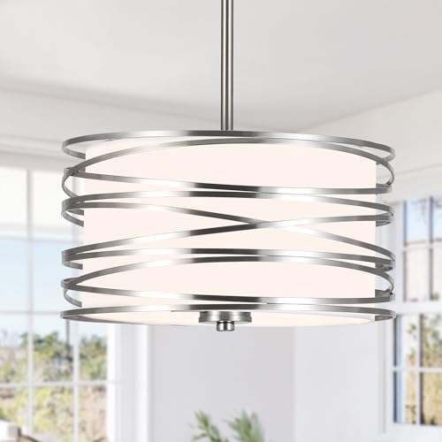 ACNKTZ 12.6'' Brushed Nickel Drum Pendant Light - 3-Light Hanging Chandelier for Kitchen & Dining
