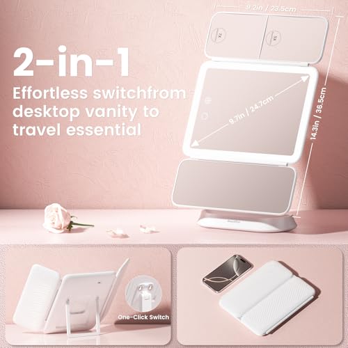 Pearly White Makeup Mirror with Lights and 7X/5X/1X Magnification - Detachable, Portable Vanity Mirror