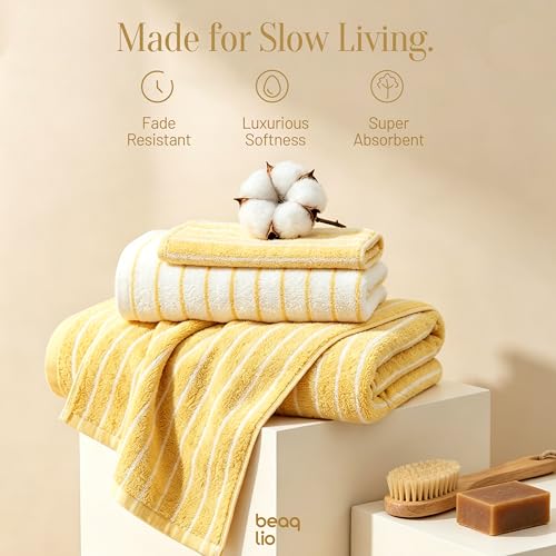 Yellow Cotton Bath Towels Set 8 Pieces - Striped, Soft & Absorbent