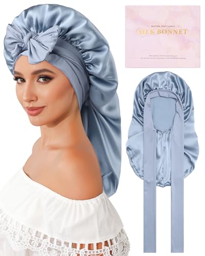 Mulberry Silk Bonnet for Long Hair - Sleeping Women & Kids, Haze Blue