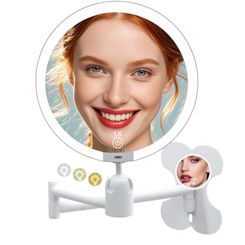 6" Led Wall Mounted Makeup Mirror Double Sided 1/10X, 1-Second Install Lightweight Compact Wall Mirror with Light, Rechargeable Extendable Magnifying Mirror for Bathroom, Wall Vanity Mirrors (1+10X)