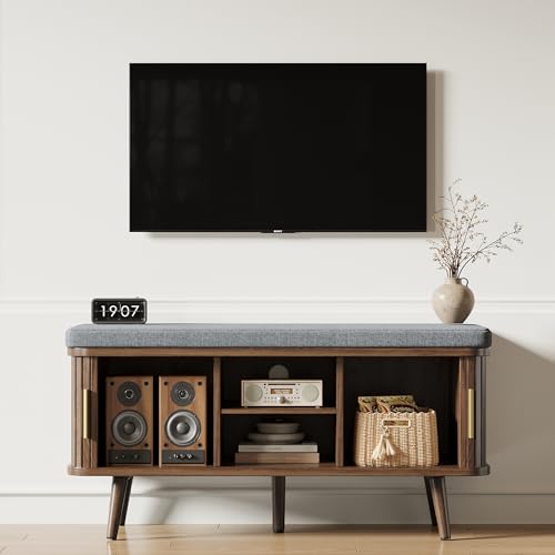 Decofy 39 Inch Shoe Storage Bench with Cushion & Sliding Doors - Walnut