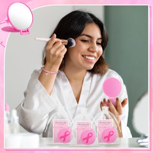 Geetery 72 Pcs Breast Cancer Awareness Gifts Set for Women Compact Folding Mirrors, Pink Ribbon Bracelets, Organza Bags for Breast Cancer Charity Event Survivor Campaign Party Accessories(Pink)