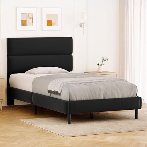 Twin Size Upholstered Platform Bed Frame with Velvet Headboard, Adjustable Height, Black