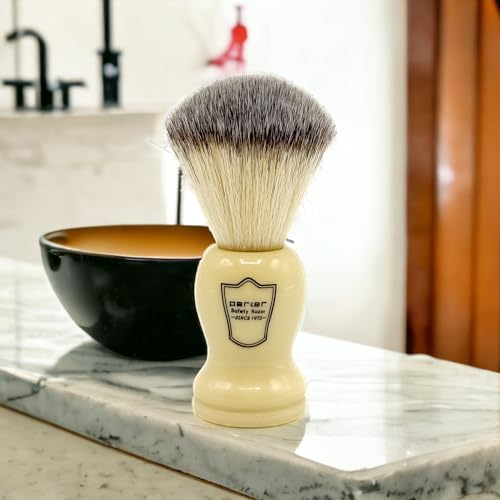 Parker Synthetic Shaving Brush with Faux Cream Handle & Stand - Men's Grooming