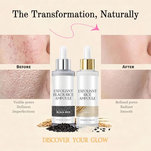 Rice Exfoliant Ampoule Duo - Gentle Black & White Rice Peel Shot | Dead Skin Remover + Blackhead Peel + Pore Minimizer | BHA Salicylic Acid Face Body Multi-Use Serum All Skin Types (200ml)