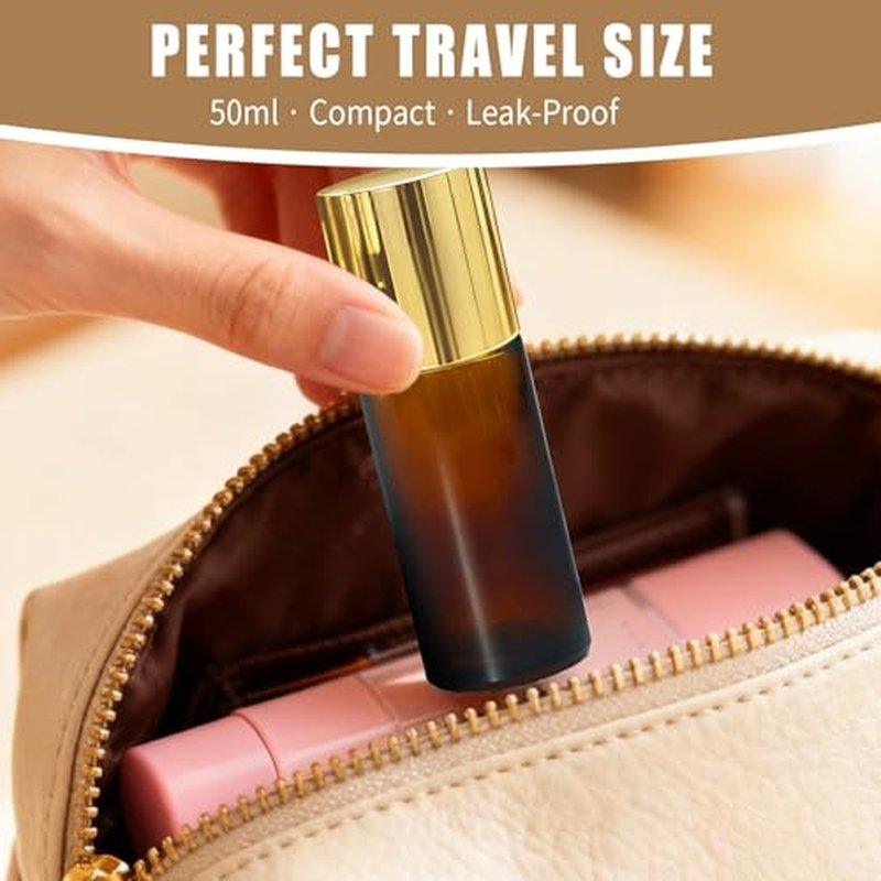 5 in 1 Roller Bottles for Essential Oils, 50ml Refillable Amber Glass Roll On Bottles with Natural Crystal Roller Balls, Leak-Proof Travel Perfume Bottle with Gold Caps