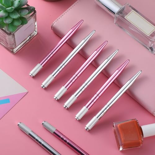 Gisafai 100 Pcs Microblading Pen Manual Eyebrow Pens Supplies Aluminum Microblade Pen Tool Holder Hand Tools for Makeup Supplies Salons (Silver,Pink)