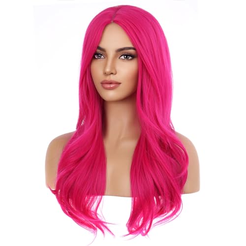 Hot Pink Curly Wavy Wigs for Women - Long Synthetic Heat-Resistant Hair Extension