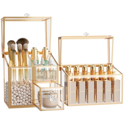 Makeup Brush Organizer ? Vanity Organizer with 18-Slot Lipstick Organizer & Makeup Brush Holder with Lid ? Skincare, Perfume & Cosmetic Storage for Bathroom or Dresser
