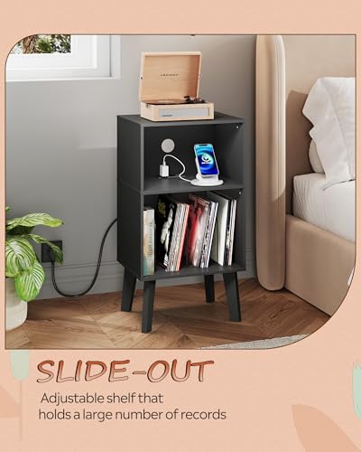 Record Player Stand with Charging Station - Mid Century Tall Nightstand
