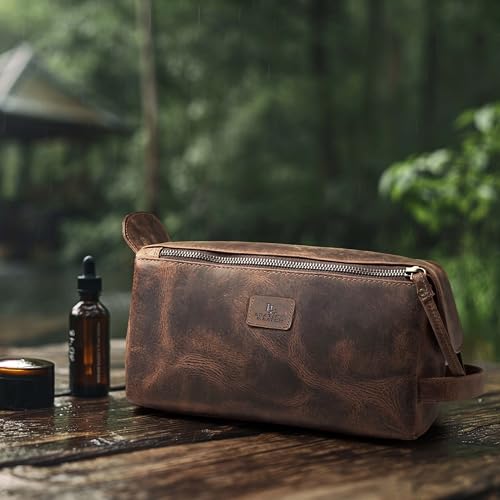 Leather & Latch Distressed Brown Full Grain Leather Toiletry Bag for Men & Women – Water-Resistant Travel Organizer with YKK Zipper