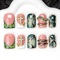 OCOUYVD Green Short Square Press On Nails with 3D Silver Embossed Designs and Rhinestones - Muti-Layer Gel Acrylic Fake Nails for Women, 10 Pcs