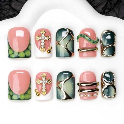 OCOUYVD Green Short Square Press On Nails with 3D Silver Embossed Designs and Rhinestones - Muti-Layer Gel Acrylic Fake Nails for Women, 10 Pcs