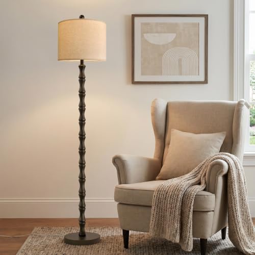 FOFOMOMO 62" Dark Brown Farmhouse Floor Lamp with Linen Shade & Rotary Switch