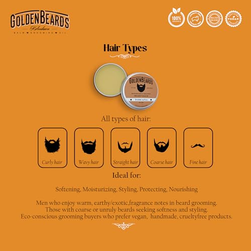 Golden Beards Organic Beard Balm Toscana ? Shea, Cocoa & Beeswax Blend with Juniper & Ginger Scent ? 60ml Vegan Styling Balm for Beard Softening & Conditioning, Handmade in Denmark.