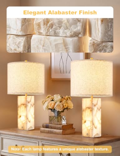 White 23-Inch Alabaster Table Lamp Set of 2 - Modern Marble Nightstand Lamps with Linen Shade, Touch Control & 3-Level Dimming