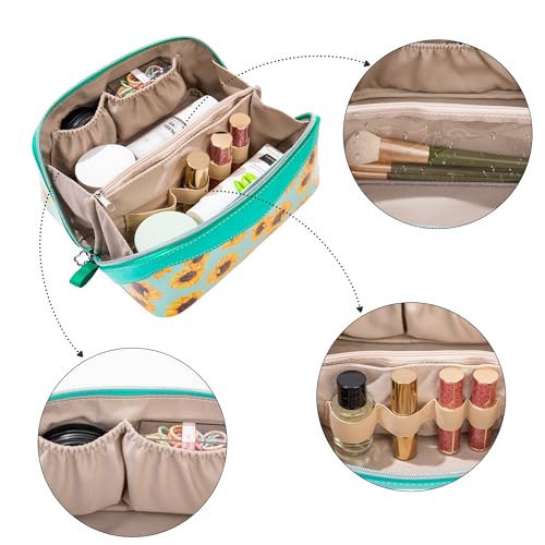 Travel Makeup Bag£¬Large-capacity waterproof cosmetic bag£¬Travel bags and toiletries bags for women£¬PU leather material£¬Multi-zone and large opening design (Sunflower)