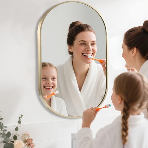 Gold Oval Bathroom Mirror 24x36 with Brushed Metal Frame, Wall Mount Vanity Mirror by Jenbely (24" L x 36" W)