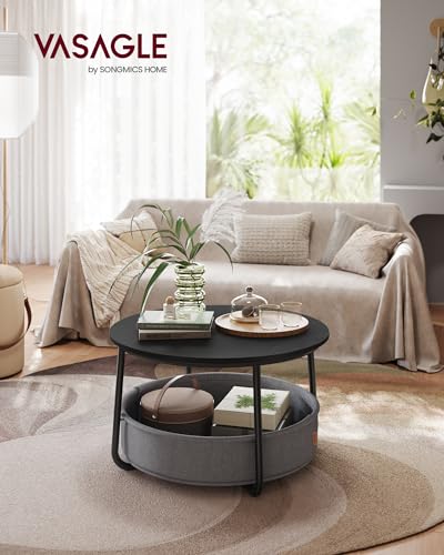 VASAGLE Round Coffee Table with Storage - Ink Black + Slate Gray