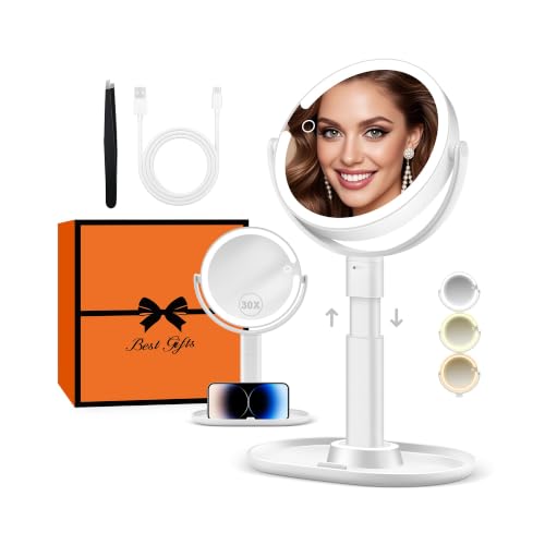 White Double-Sided Lighted Makeup Mirror with 30X Magnification & Phone Holder
