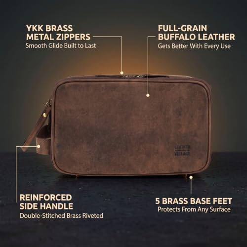 Leather Toiletry Dopp Kit Bag for Men & Women - Rustic Brown, 10in