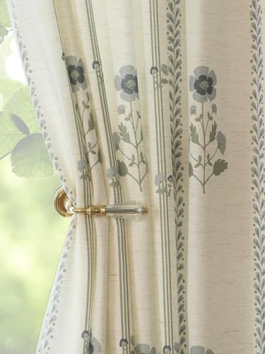 White Green 2-Pack Pinch Pleated Floral Linen Curtains 40x84 Inches for Living Room & Bedroom
