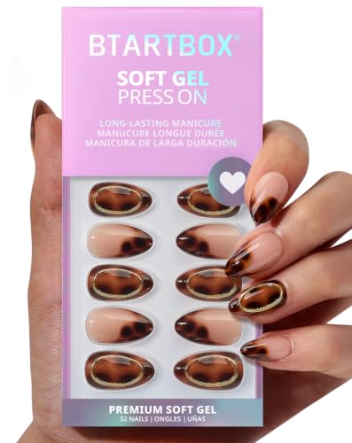 BTArtbox Short Almond French Tip Press On Nails with Amber Hoops Variation - 32 Pc Kit