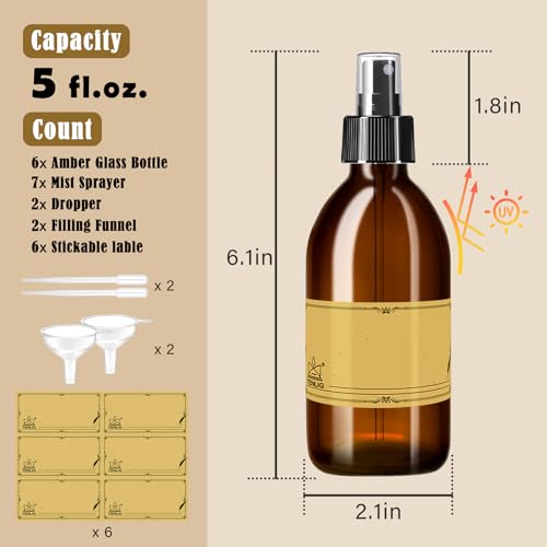 5oz Amber Glass Spray Bottles - Refillable for Essential Oils, Cleaning, Hair, Facial, Aromatherapy