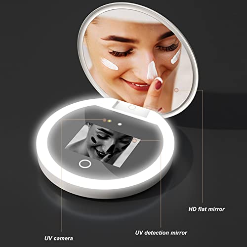 Diyeeni Compact Mirror with Camera for Sunscreen Test, Travel Lighted Makeup Mirror, 2X Magnification, Portable 2 Sided Pocket Mirror for Handbag Purse, 3.5 Inch