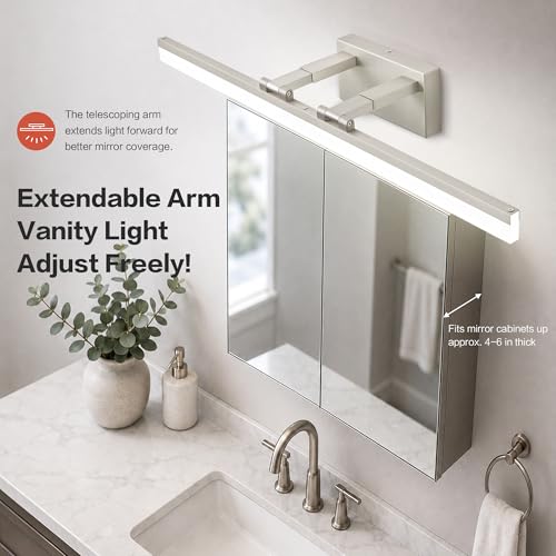 Brushed Nickel Retractable LED Vanity Lights - 32 Inch 5CCT Dimmable Bathroom Mirror Fixture