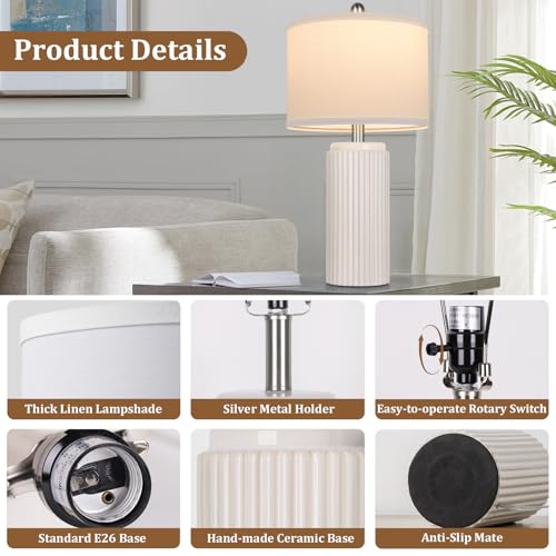 Cream Ceramic Table Lamps Set of 2 - 23.5 Inch Modern Nightstand Lamps - Variation Cream-1