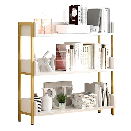 OSCHF 3-Tier Wide Open Shelf Bookcase with Gold Frame, White, Variation: Gold + White