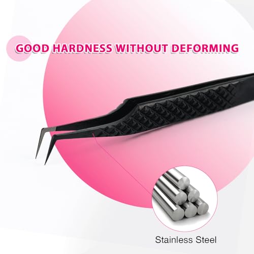 TDANCE Lash Tweezers for Eyelash Extensions, Diamond Grip 90 Degree Fiber Tip Lash Tweezers for Volume Lashes Make Fans, Stainless Steel Lash Extension Tweezers(Black-05)