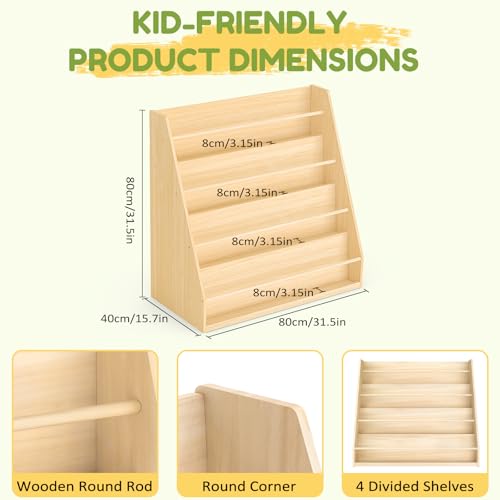 Kids Wooden Bookshelf 4-Tier Montessori Display - Child-Safe Natural Pine