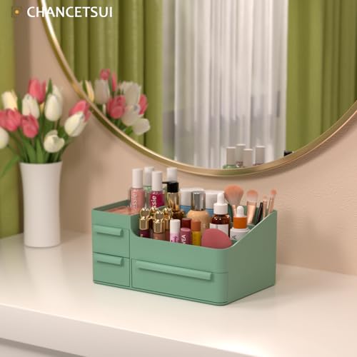 Green Makeup Organizer with Drawers and Brush Holders for Vanity