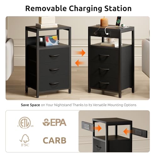Lazzanto Night Stand with Charging Station - Black, 3 Fabric Drawers