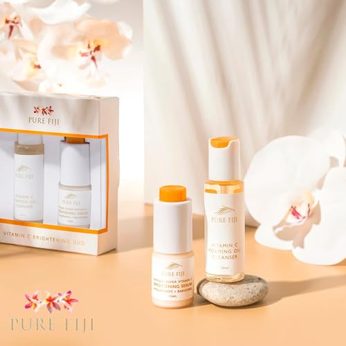 Pure Fiji Vitamin C Brightening Duo Kit - Foaming Oil and Brightening Vitamin C Face Serum - Anti Aging Anti-Wrinkle Facial Serum Gentle Foaming Oil, Antioxidant Serum, for All Skin Types